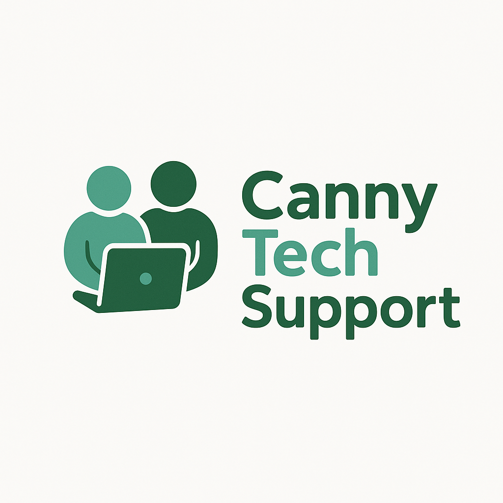 Canny Tech Support logo featuring a friendly computer icon with a smiling face, surrounded by soft teal and green colors, with the words Canny Tech Support in bold clear letters, conveying a welcoming and supportive atmosphere